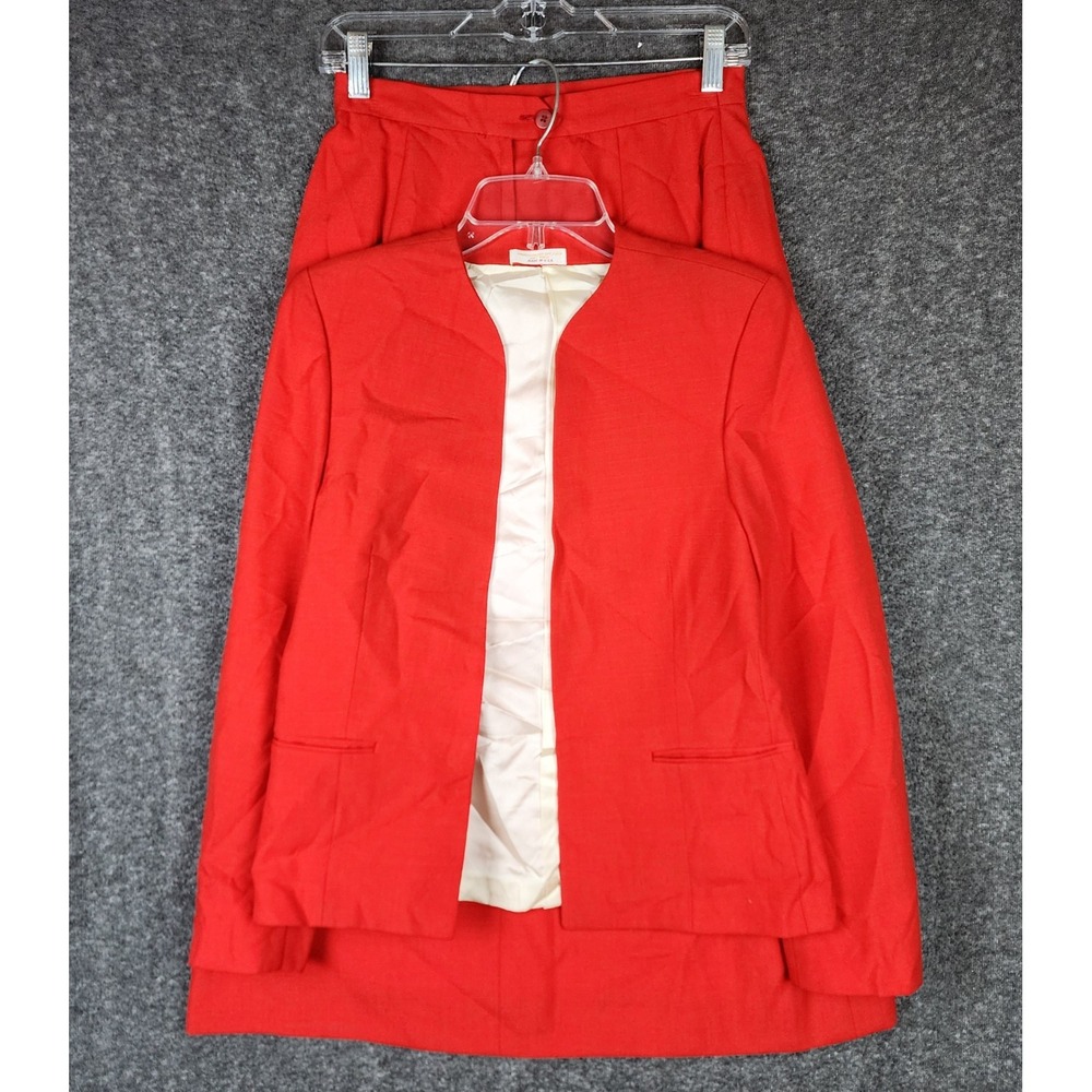 Laughton Hunter Skirt Suit Women 8 Red Vintage Linen Blend Blazer Midi Skirt USA
